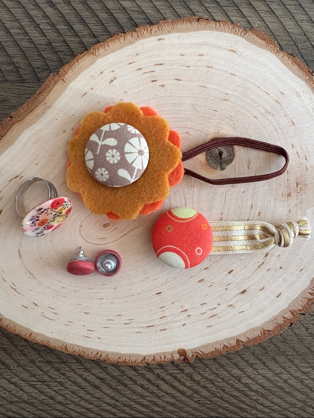 Handmade Orange Floral Felt Hair Tie and Button Accessories